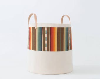 Large Natural Canvas Bucket Basket: Orange + Brown