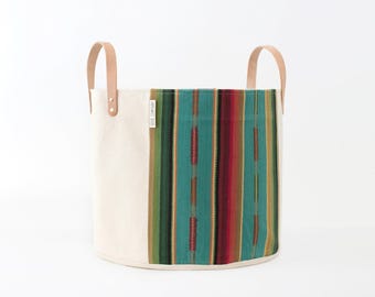 Medium Natural Canvas Bucket Basket: Turquoise + Red
