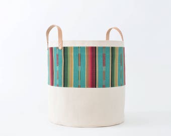 Large Natural Canvas Bucket Basket: Turquoise + Red