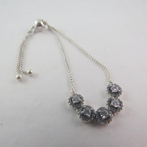 Pandora Jewelry - Round Sparkle Halo Cubic Zirconia Ring - Gift for Her - S Round Sparkle Slider Bracelet (adjustable up to 25cm)⁄pandora