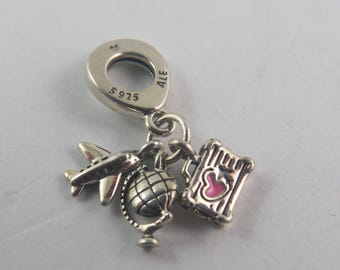 Authentic Pandora Airplane Globe Suitcase Charm - Sterling Silver Travel Bead, Fits Moments Bracelet (MP20)