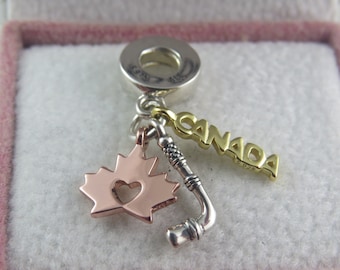 Pandora Maple Leaf Charm Canadian Maple Leaf Charm Hockey Stick Charm Canada Charm Travel Charm Gifts for Her Birthday Gift Christmas (T12)