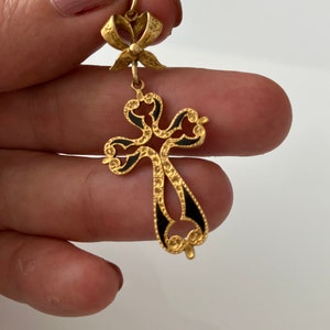 Antique Georgian  Early 19th Century Iberian Spanish 18K Gold Filigree Enamel Mourning Cross Pendant