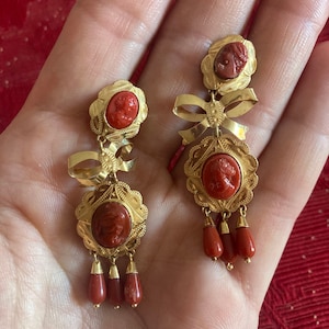 Vintage Iberian Spanish 18K Gold & Coral  Drop Bow  Earrings
