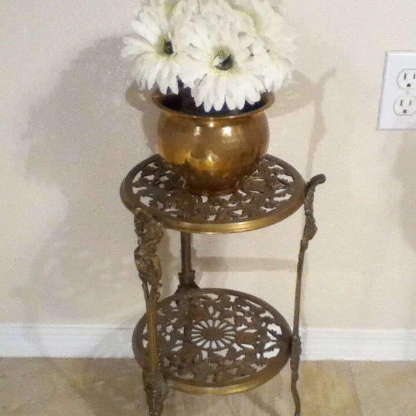 SALE! Vintage Brass Victorian Plant Stand / Table with Grapes, Vines, and Cherubs