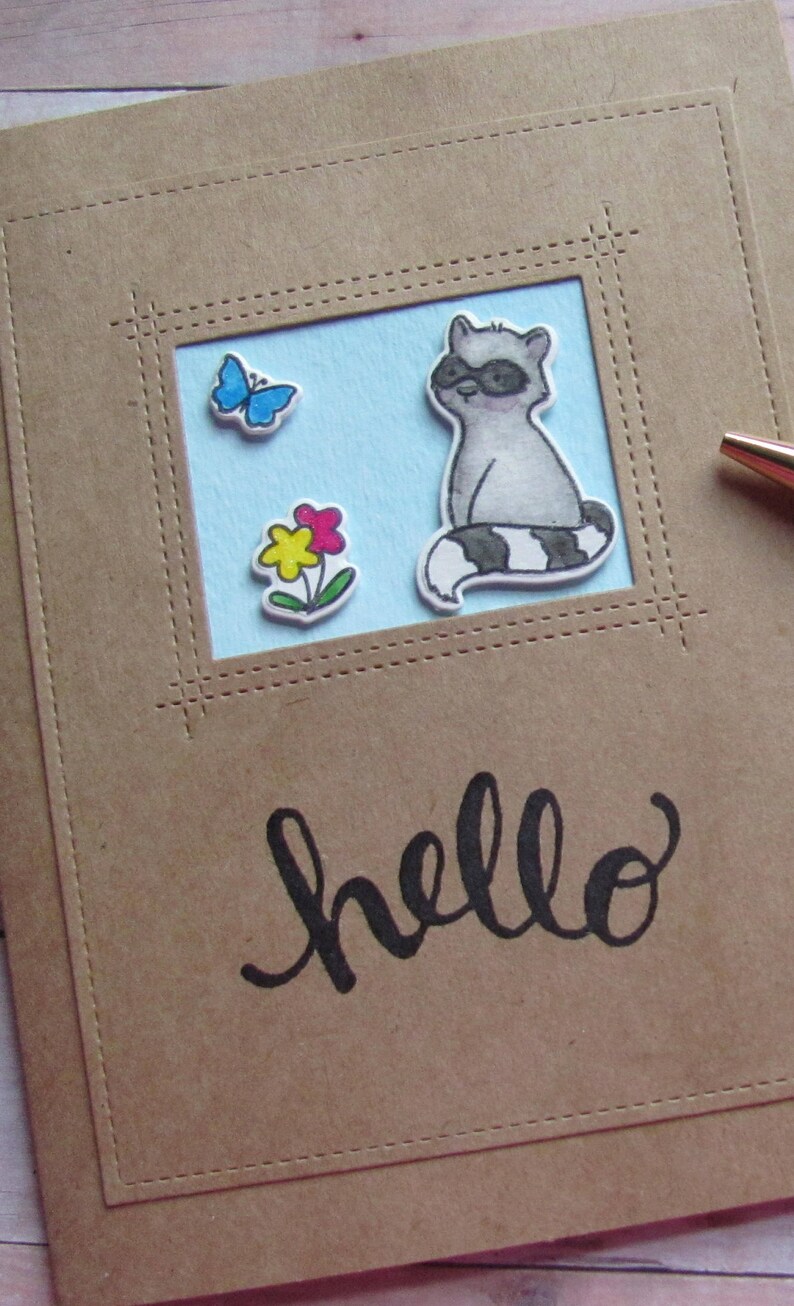 Hello Card, Cute Racoon, Flowers, Blue Butterfly, Handmade, Watercolor ...