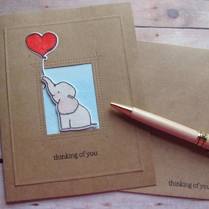 Thinking of You Card, Cute Elephant, Heart Balloon, Red Balloon, Sparkly Balloon, Handmade, Kraftpaper, Watercolors, Love Card, Kraftpaper