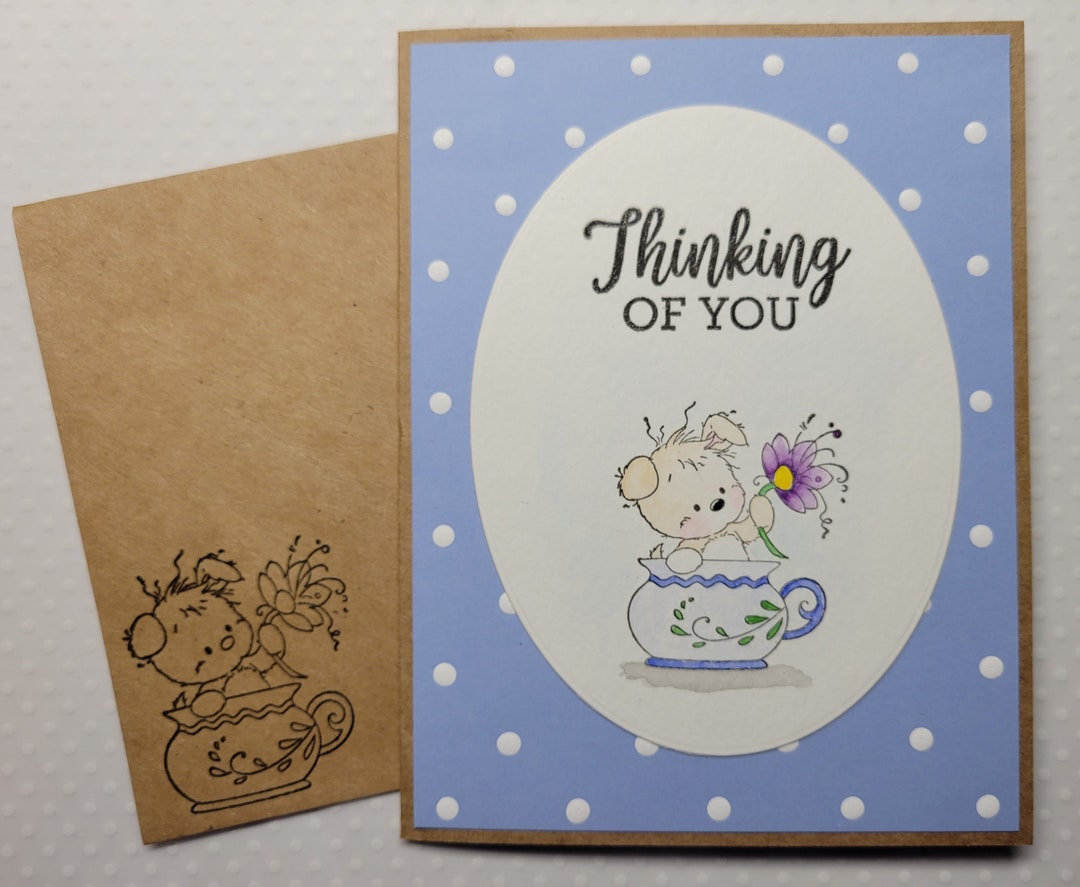 Puppy in Teapot Card Thinking of You Card Cute Puppy and Posie Card