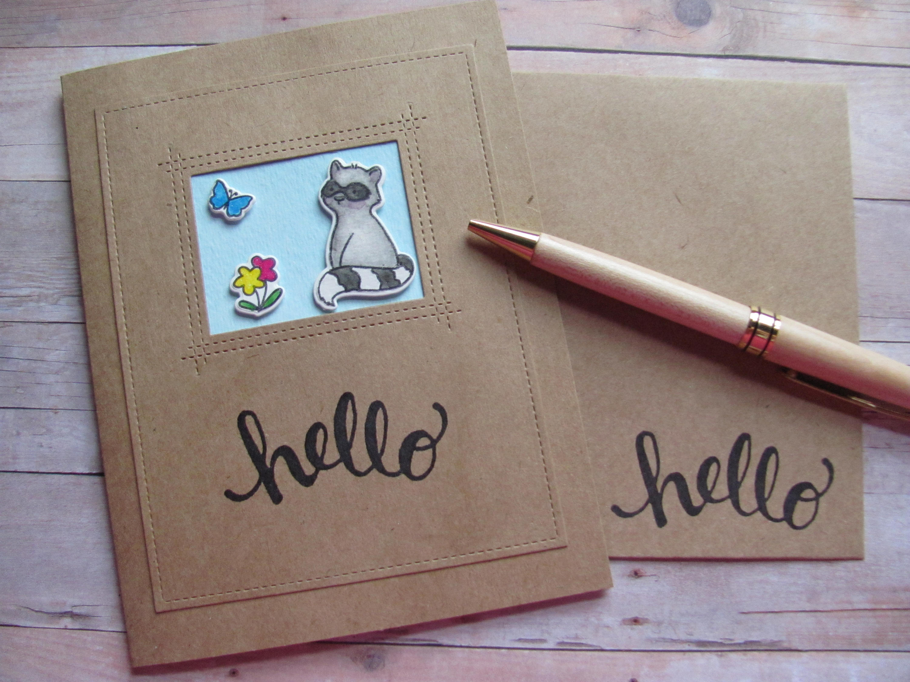 Hello Card, Cute Racoon, Flowers, Blue Butterfly, Handmade, Watercolor ...
