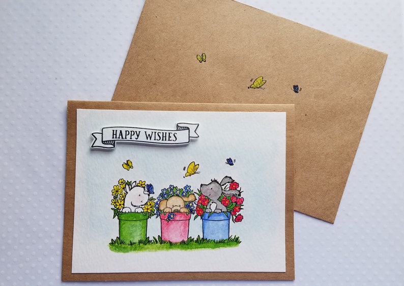 Happy Wishes Card Three Puppies Card Puppies and Flowers Card Handpainted Card Birthday Puppies Birthday Card Puppies in Pots Card