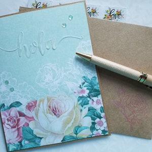 Hello Card Hola Card   Hola and Roses Spanish Hello Floral Hello Card Card for Friend Thinking of You Caring Thoughts Handmade Card