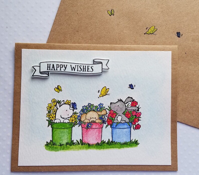 Happy Wishes Card Three Puppies Card Puppies and Flowers Card Handpainted Card Birthday Puppies Birthday Card Puppies in Pots Card
