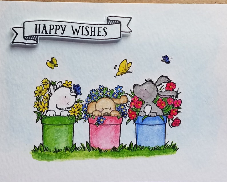 Happy Wishes Card Three Puppies Card Puppies and Flowers Card Handpainted Card Birthday Puppies Birthday Card Puppies in Pots Card