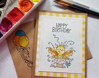Cute Butterfly Card  Butterfly Birthday  Cute Birthday Card  Butterfly and Cupcake  Watercolor Card  Handcrafted Card  Birthday Card