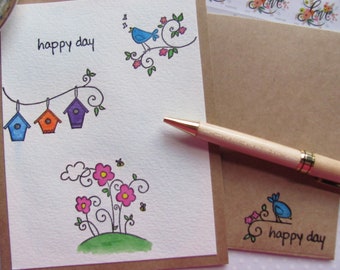 Happy Wishes Card, Handmade Card, Blue Bird, Pink Flowers, Bird and Birdhouses, Watercolor Card, Garden Theme Card, Birthday for Her