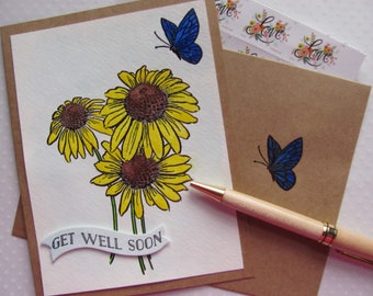 Get Well Card, Get Well Soon, Sunflower Get Well, Sunflowers Card, Floral Get Well, Handmade Get Well, Flower and Butterfly, Get Well
