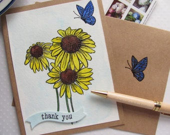 Handcrafted Thank You, Thank You Card, Sunflowers Card, Flowers and Butterfly, Floral Card, Handmade Thank You, Watercolor Card, Thank You