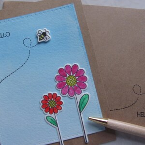 Hello Card, Friend Card, Bright Flowers Card, Flowers and Bee, Floral Hello Card, Little Bee Card, Watercolor Card, Watercolor Flowers
