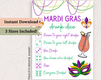 Juego de dados borracho de Mardi Gras: actividad imprimible (PDF) - Juego de beber en grupo