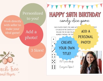 Juego de dados de dulces de cumpleaños personalizado, opción de foto (PDF)