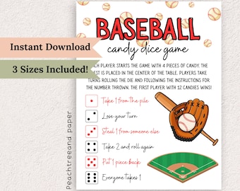 Juego de dados de béisbol con caramelos: actividad imprimible para fiestas (PDF)