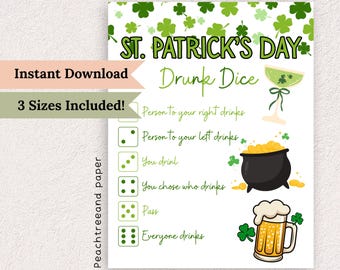 Juego de dados borracho del Día de San Patricio: Actividad imprimible para una fiesta de bebida (PDF)