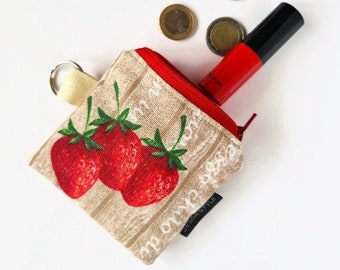 Cotton mini wallet strawberry cherry, coin purse key chain, tiny wallet fruit, handmade gift for mom, keychain pouch