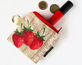 Cotton mini wallet strawberry and cherry, coin purse, tiny wallet fruit