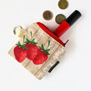 Cotton mini wallet strawberry cherry, coin purse key chain, tiny wallet fruit, handmade gift for mom, keychain pouch image 1