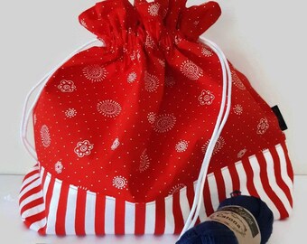 Project bag crocheting knitting, striped craft bag, knitting supply bag, yarn project keeper, yarn drawstring bag, sock project bag for her