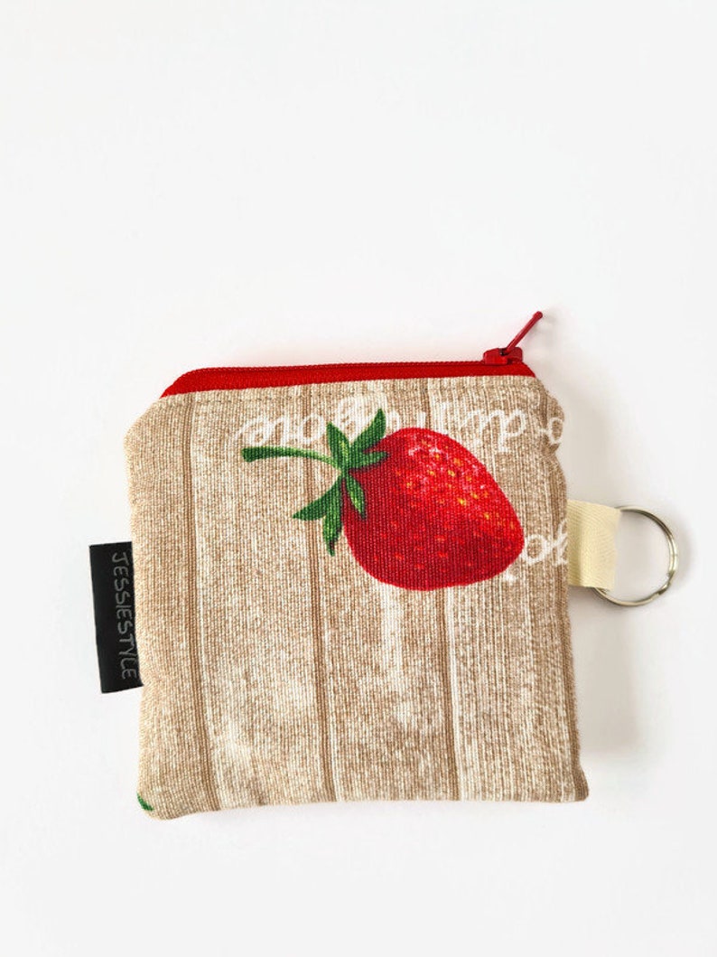 Cotton mini wallet strawberry cherry, coin purse key chain, tiny wallet fruit, handmade gift for mom, keychain pouch image 2