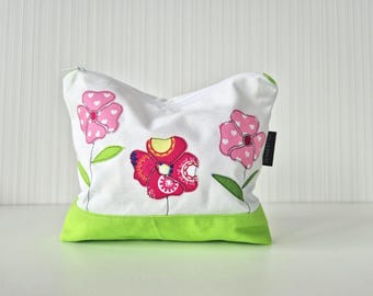 Handmade pencil case with embroidered flowers, poppy flower, gift for garden lover