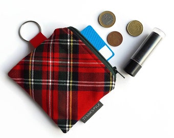 Tiny keychain wallet, small zipper pouch, plaid coin purse