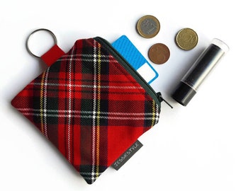 Tiny keychain wallet, small zipper pouch, plaid coin purse, mini travel wallet, gift for men, gift for him, keychain pouch, tiny bag