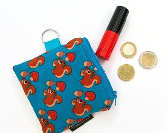 Corduroy mini wallet with squirrels and mushrooms, coin purse keychain, tiny wallet animals