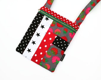 Small shoulder bag strawberries monochrome, crossbody festival womens / girls bag with zipper, adjustable shoulder strap, zippered hand bag