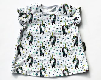 Jersey baby unicorn dress 2-4M aline summer dress, short sleeved tunic, handmade baby girl gift, summer clothes