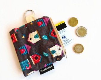 Mini wallet with bird houses, small coin purse with zipper