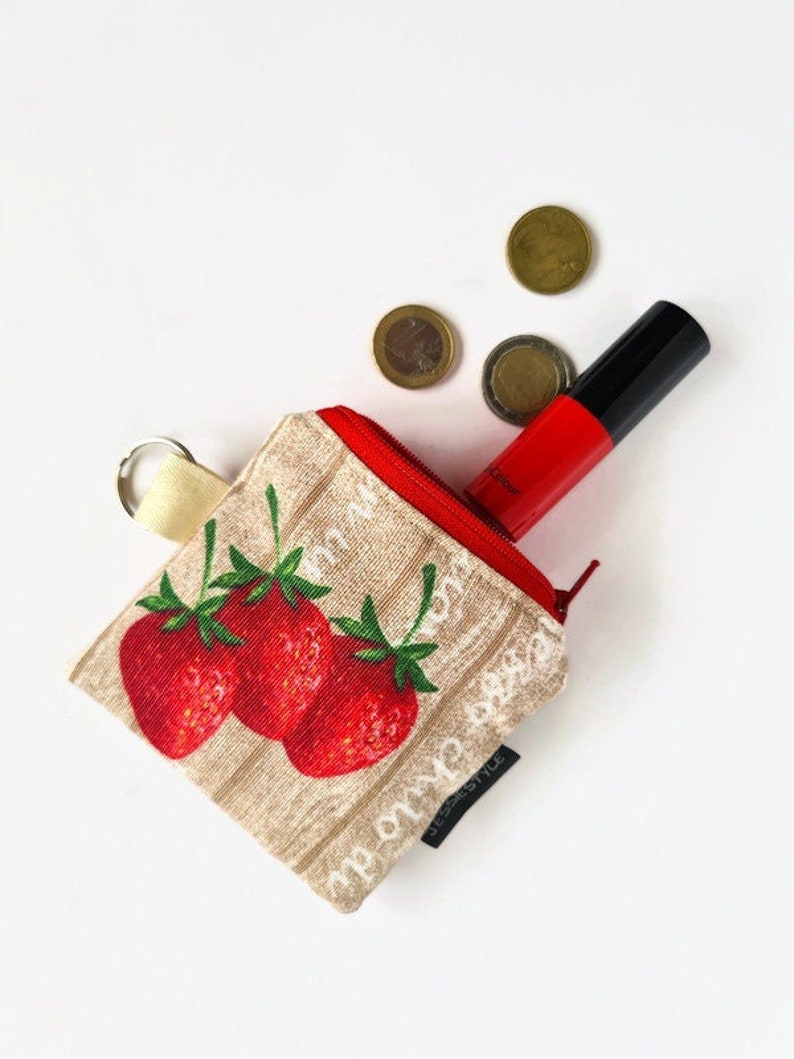 Cotton mini wallet strawberry cherry, coin purse key chain, tiny wallet fruit, handmade gift for mom, keychain pouch image 1