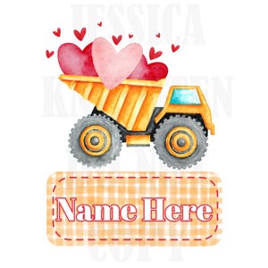 Autocarro con cassone ribaltabile San Valentino Design digitale Cuore Gingham Nome Targa Amore Vday Bambini Bambini Maglietta PNG Personalizzato Sub Trendy XoXo Costruzione