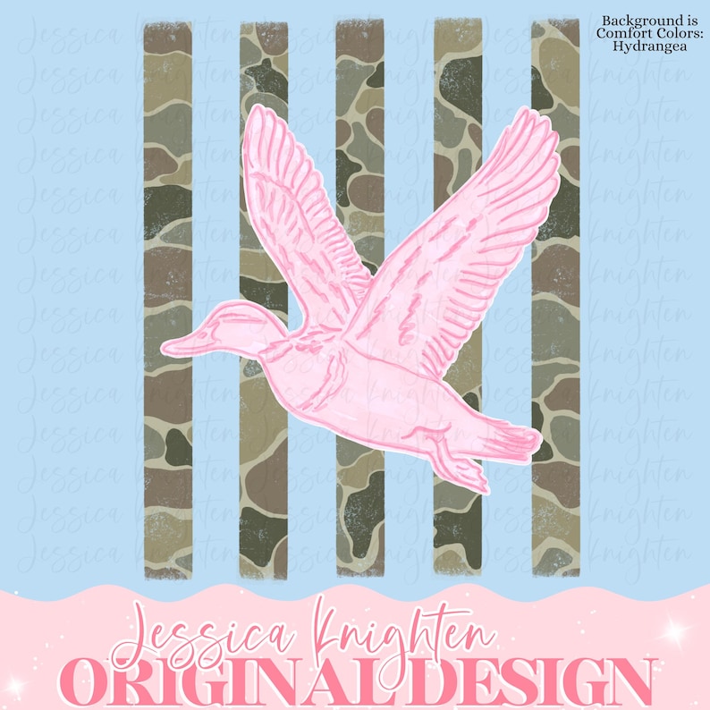 May include: A pink duck illustration in flight, set against a backdrop of vertical camouflage stripes and a light blue sky. The design includes the text "Jessica Knighten ORIGINAL DESIGN."