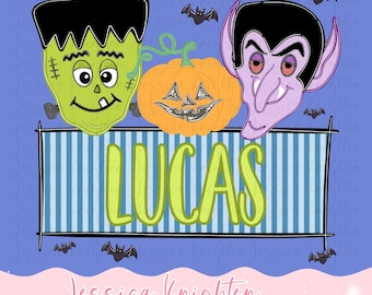 Name Block Halloween Vampire Monster PNG Digital Design Trendy Kid Design Children Prep Plate Ric Rac Season Best Seller Spooky Fall
