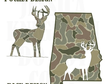 May include: A camouflage design featuring the outline of the state of Alabama with a white deer silhouette inside. The text "Pocket Design" appears at the top of the image and "Back Design" appears at the bottom.