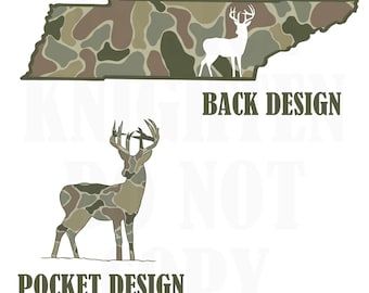 Men and Women Everyday Hunting PNG Digital Design Camo Camoflauge Deer Silhouette Pocket and Back Files Design Male Shirt Tennessee State
