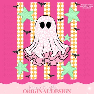 May include: A graphic design featuring a central ghost with a light pink leopard print pattern, black oval eyes, and eyelashes. The ghost is surrounded by mint green stars and small black bats against a background of vertical orange checkered stripes.