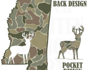 May include: A camouflage pattern design featuring the outline of the state of Mississippi with a white silhouette of a deer inside. The design also includes a separate image of a camouflage deer with the text "BACK DESIGN" and "POCKET DESIGN" on the image.