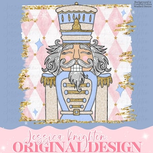May include: A nutcracker illustration featuring a light blue and gold uniform with a leopard print pattern. The figure has a white beard, mustache, and hair, set against a pink and white diamond background with gold accents and stars.