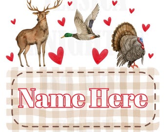 Hunting Valentines Digital Design Heart Gingham Name Plate Love Vday Kids Children Shirt PNG Personalized  Sub Trendy XoXo Deer Turkey Duck