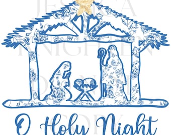 O Holy Night Manger Preppy Christmas PNG Hand Drawn 300 DPI Trendy Jolly Chinoiserie Grandmillenial Coastal Grandmother Merry Bright Holly