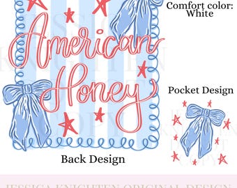 American Honey Flag Bows Coquette PNG Sublimation DTF Trendy Red White Blue Front Back Design USA Independence Fourth of July Memorial